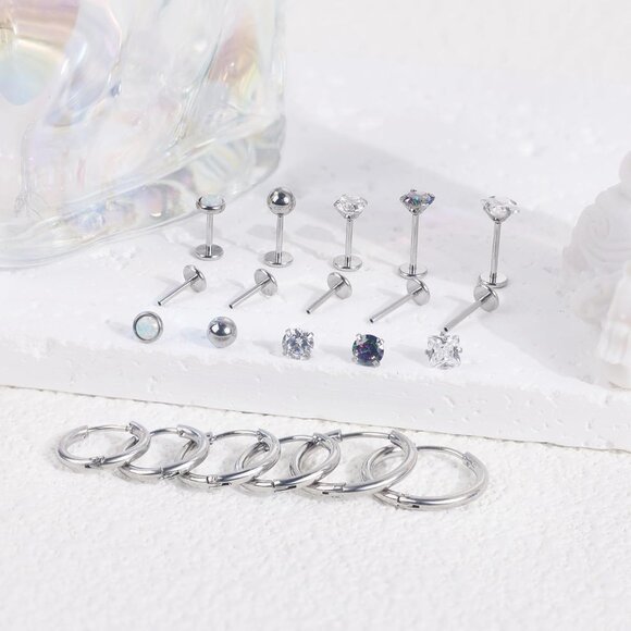 8 Pairs Stainless Steel CZ Opal Flat Back Hoop and Stud Earrings Set for Sensiti - Picture 6 of 6